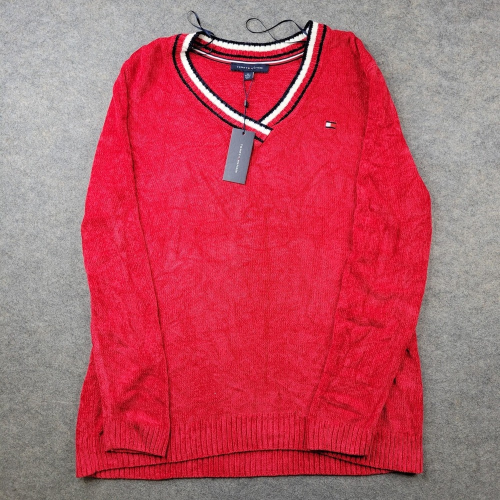 Tommy Hilfiger Sweater Womens XL Viscose Acrylic V Neck Chenille Knit Pullover